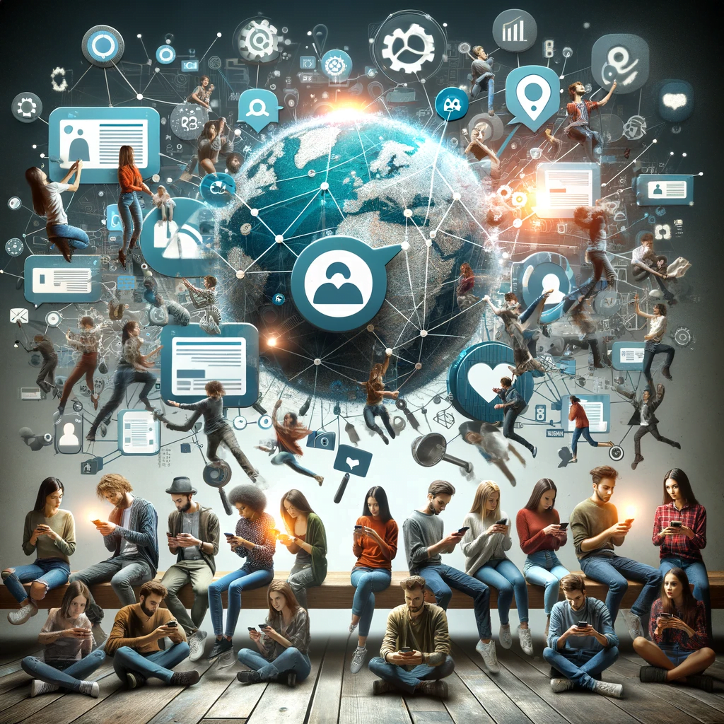 An artistic representation of a diverse group of young people engaging with various Linktree pages on their mobile devices. It highlights the social and interactive nature of Linktree in a modern, tech-savvy atmosphere.