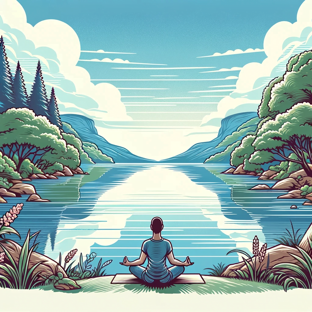 Illlustration depicts a serene setting symbolizing mental clarity and mindfulness, ideal for introspection and self-care.