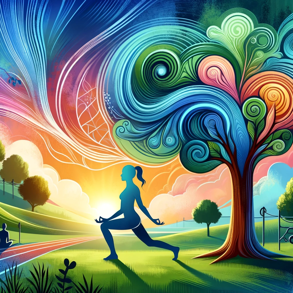 A vibrant, harmonious blend of nature and human elements, featuring a young individual in a yoga pose under a tree, symbolizing physical health, with gentle, abstract waves emanating from the mind to represent mental tranquility. The background is a lush, inviting landscape with elements that hint at fitness, like a distant running path and workout equipment subtly integrated into the natural setting. The sky is painted with soft colors of dawn, suggesting a fresh start or rejuvenation. This image aims to inspire young people to explore and prioritize their wellbeing.